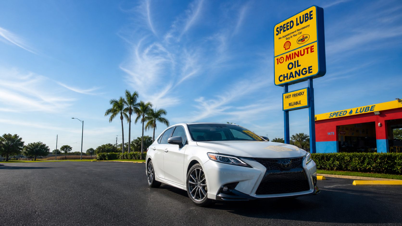 White Lexus parked next to the Speed Lube 10 Minute Oil Change sign